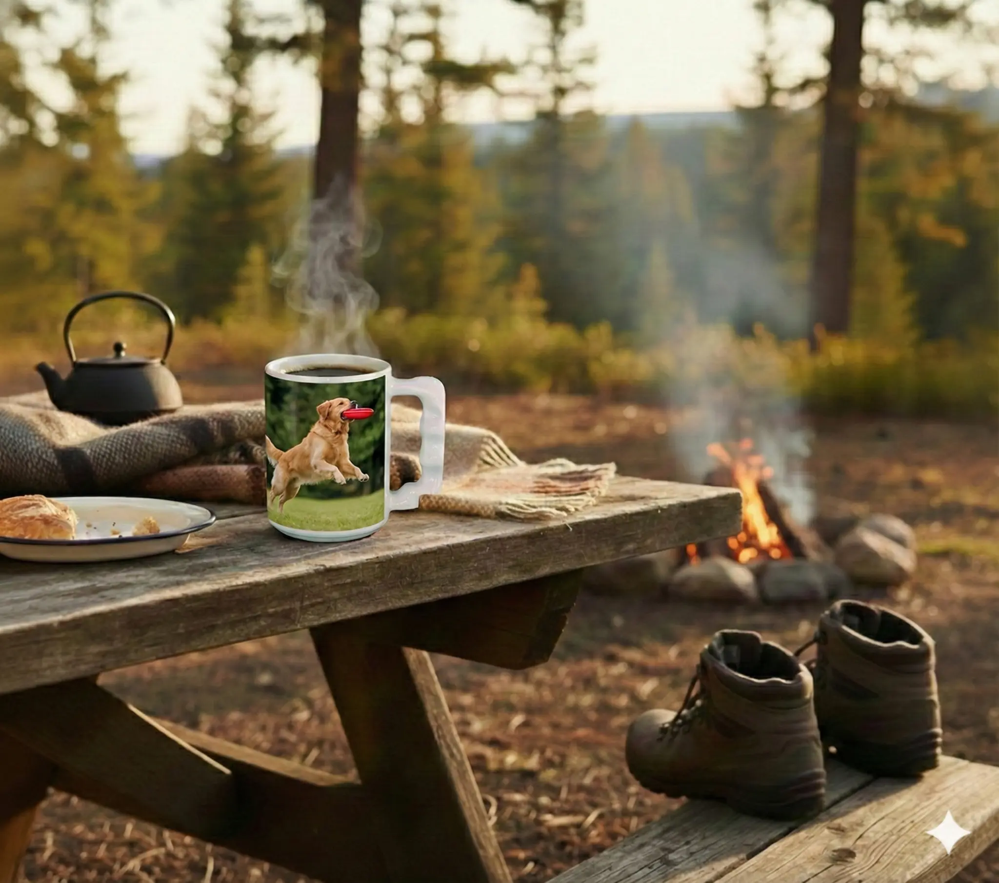 ErgoMug Comfort 15 with dog design at outdoor camping scene