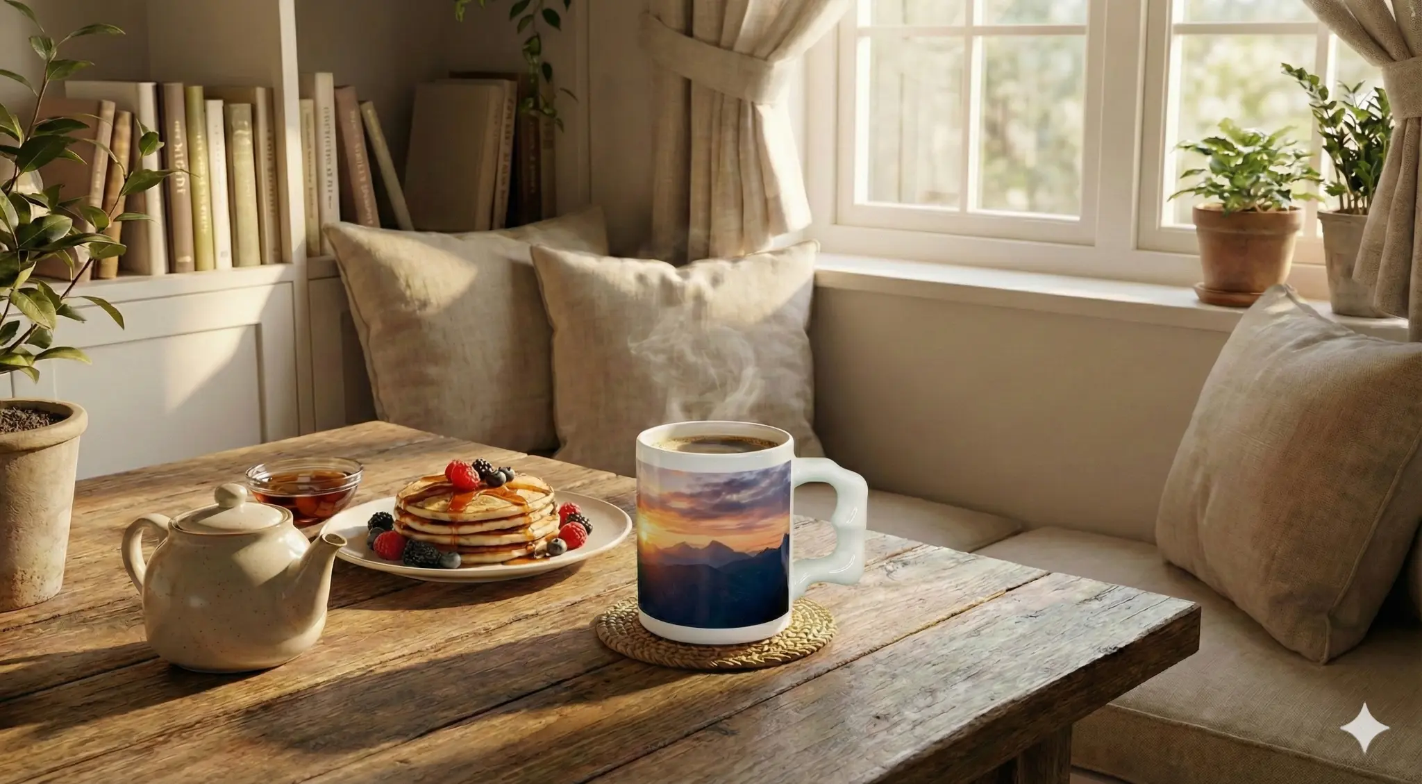 ErgoMug Comfort 11 with mountain sunrise design in breakfast nook