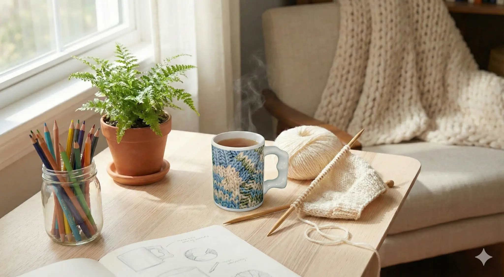 ErgoMug Comfort 11 with knit pattern design in craft room