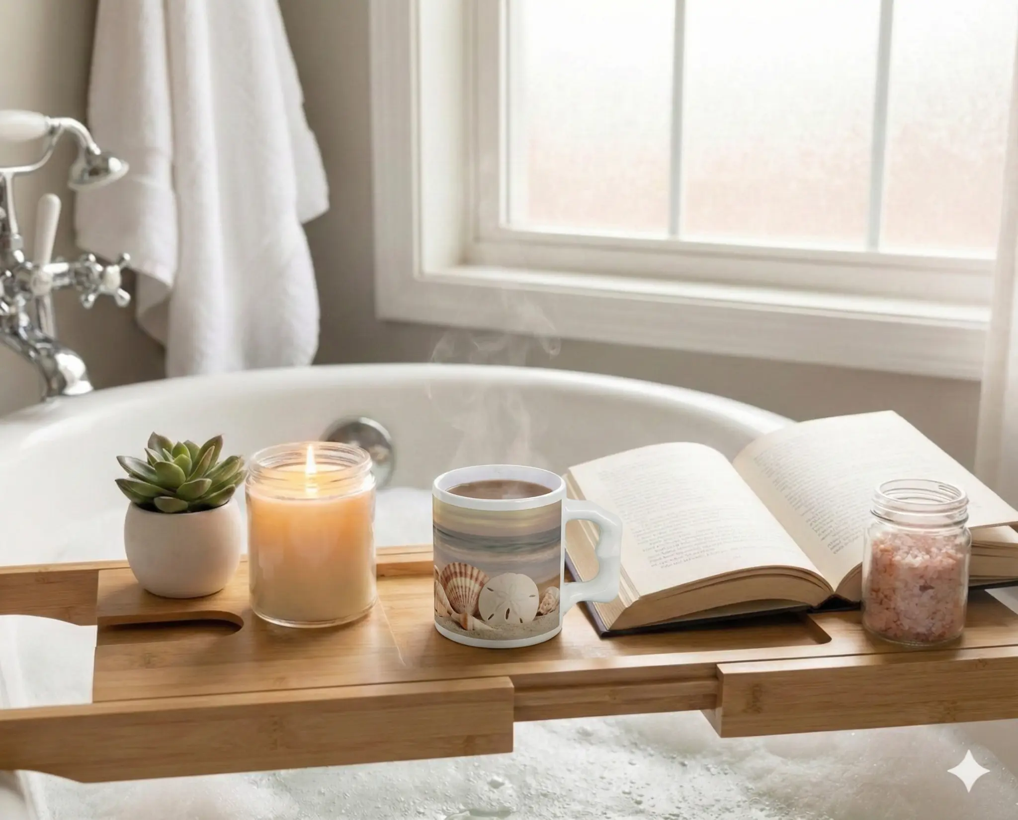 ErgoMug Comfort 11 with beach seashells design in spa setting